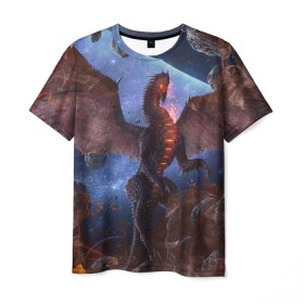 Мужская футболка 3D с принтом SPACE FIRE DRAGO в Петрозаводске, 100% полиэфир | прямой крой, круглый вырез горловины, длина до линии бедер | dragon | fire | monster | space | драго | дракон | космический | космос | монстр | огнедыщащий | огонь | прикольная картинка | чудовище | ящерица