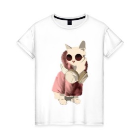Женская футболка хлопок с принтом Cat and music в Петрозаводске, 100% хлопок | прямой крой, круглый вырез горловины, длина до линии бедер, слегка спущенное плечо | cats | коты | кошки | музыка