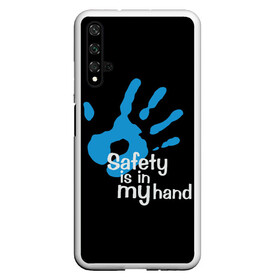 Чехол для Honor 20 с принтом Safety in my hand! в Петрозаводске, Силикон | Область печати: задняя сторона чехла, без боковых панелей | Тематика изображения на принте: covid 19 | cronavirus | quarantine | safety always | safety first | безопасность | в руках | коронавирус