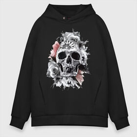 Мужское худи Oversize хлопок с принтом Skull в Петрозаводске, френч-терри — 70% хлопок, 30% полиэстер. Мягкий теплый начес внутри —100% хлопок | боковые карманы, эластичные манжеты и нижняя кромка, капюшон на магнитной кнопке | flower | grin | jaw | orbits | rose | skull | teeth | глазницы | зубы | оскал | пасть | роза | цветок | череп