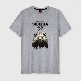Мужская футболка премиум с принтом Сибирь в Петрозаводске, 92% хлопок, 8% лайкра | приталенный силуэт, круглый вырез ворота, длина до линии бедра, короткий рукав | siberia | лес | медведь | русский мишка | сибирь | сибиряк | тайга | топоры