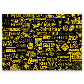 Поздравительная открытка с принтом Логотипы рок групп GOLD в Петрозаводске, 100% бумага | плотность бумаги 280 г/м2, матовая, на обратной стороне линовка и место для марки
 | ac dc | deep purple | him | hollywood undead | iron maiden | kiss | limp bizkit | linkin park | louna | manowar | metallica | rammstein | slipknot | thirty seconds to mars | алиса | групп | логотипы | луна | рок