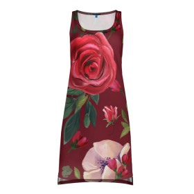 Платье-майка 3D с принтом rose в Петрозаводске, 100% полиэстер | полуприлегающий силуэт, широкие бретели, круглый вырез горловины, удлиненный подол сзади. | big picture | rose | листья | прикольные картинки | розы | цветы