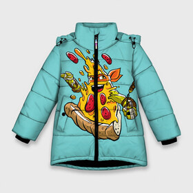 Зимняя куртка для девочек 3D с принтом PIZZA TIME в Петрозаводске, ткань верха — 100% полиэстер; подклад — 100% полиэстер, утеплитель — 100% полиэстер. | длина ниже бедра, удлиненная спинка, воротник стойка и отстегивающийся капюшон. Есть боковые карманы с листочкой на кнопках, утяжки по низу изделия и внутренний карман на молнии. 

Предусмотрены светоотражающий принт на спинке, радужный светоотражающий элемент на пуллере молнии и на резинке для утяжки. | april | donatello | leonardo | michelangelo | mutant | ninja | raphael | teenage | turtles | донателло | леонардо | микелянджело | мутанты | ниндзя | пицца | рафаель | черепашки | эйприл