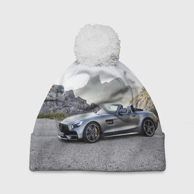 Шапка 3D c помпоном с принтом Mercedes V8 Biturbo в Петрозаводске, 100% полиэстер | универсальный размер, печать по всей поверхности изделия | cabriolet | car | germany | mercedes | mountains | nature | v 8 biturbo | автомобиль | германия | горы | кабриолет | мерседес | природа