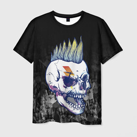 Мужская футболка 3D с принтом Череп с ирокезы в Петрозаводске, 100% полиэфир | прямой крой, круглый вырез горловины, длина до линии бедер | pank | rock | skull | ирокез | модная | модный | музыка | панк | рок | рокер | скелет | череп