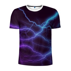 Мужская футболка 3D спортивная с принтом МОЛНИЯ в Петрозаводске, 100% полиэстер с улучшенными характеристиками | приталенный силуэт, круглая горловина, широкие плечи, сужается к линии бедра | гроза | гром | молния | небо | неон | неоновый | ночь | природа | разряд | текстура | ток | электричество | яркий