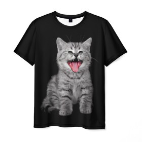 Мужская футболка 3D с принтом Кричащий кот. в Петрозаводске, 100% полиэфир | прямой крой, круглый вырез горловины, длина до линии бедер | животные | звери | зевающий кот | кися | кот | котенок | котики | коты | кричащий кот | минимализм | питомцы | прикольные картинки