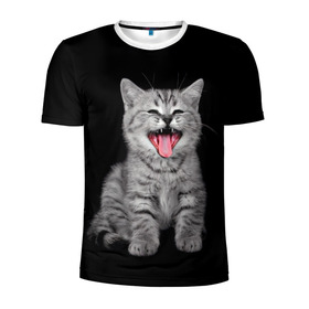 Мужская футболка 3D спортивная с принтом Кричащий кот. в Петрозаводске, 100% полиэстер с улучшенными характеристиками | приталенный силуэт, круглая горловина, широкие плечи, сужается к линии бедра | животные | звери | зевающий кот | кися | кот | котенок | котики | коты | кричащий кот | минимализм | питомцы | прикольные картинки