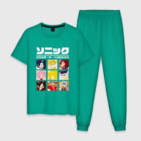 Мужская пижама хлопок с принтом Японский Sonic в Петрозаводске, 100% хлопок | брюки и футболка прямого кроя, без карманов, на брюках мягкая резинка на поясе и по низу штанин
 | Тематика изображения на принте: 16бит | 8бит | dendy | hedgehog | japan | movie | sega | sonic | the | в японском стиле | винтаж | денди | ёжик | игра | иероглифы | йероглифы | кино | сега | соник | фильм | японский