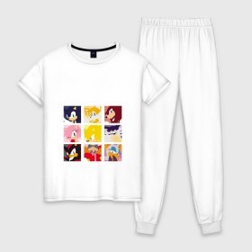 Женская пижама хлопок с принтом Японский Sonic в Петрозаводске, 100% хлопок | брюки и футболка прямого кроя, без карманов, на брюках мягкая резинка на поясе и по низу штанин | Тематика изображения на принте: 16бит | 8бит | dendy | hedgehog | japan | movie | sega | sonic | the | в японском стиле | винтаж | денди | ёжик | игра | иероглифы | йероглифы | кино | сега | соник | фильм | японский