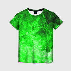 Женская футболка 3D с принтом ОГОНЬ GREEN NEON в Петрозаводске, 100% полиэфир ( синтетическое хлопкоподобное полотно) | прямой крой, круглый вырез горловины, длина до линии бедер | битва огней | зеленый | неон | неоновый | огонь | пламя | пожар | салатовый | стихия | текстура | цветной | яркий
