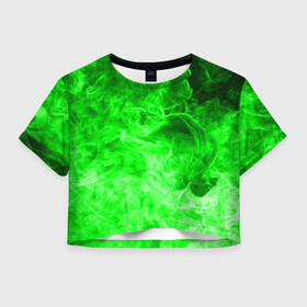 Женская футболка Crop-top 3D с принтом ОГОНЬ GREEN NEON в Петрозаводске, 100% полиэстер | круглая горловина, длина футболки до линии талии, рукава с отворотами | битва огней | зеленый | неон | неоновый | огонь | пламя | пожар | салатовый | стихия | текстура | цветной | яркий