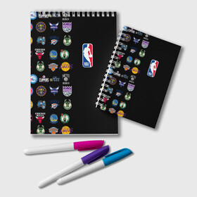 Блокнот с принтом NBA (Team Logos 2) в Петрозаводске, 100% бумага | 48 листов, плотность листов — 60 г/м2, плотность картонной обложки — 250 г/м2. Листы скреплены удобной пружинной спиралью. Цвет линий — светло-серый
 | Тематика изображения на принте: ball | basketball | sport | streetball | баскетбол | мяч | нба | спорт | стритбол
