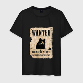 Мужская футболка хлопок с принтом Кот в Петрозаводске, 100% хлопок | прямой крой, круглый вырез горловины, длина до линии бедер, слегка спущенное плечо. | Тематика изображения на принте: cat | wanted | живым или мертвым | кот | кот шредингера | котэ | опасен | разыскивается | чёрный кот