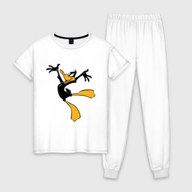 Женская пижама хлопок с принтом Даффи Дак в Петрозаводске, 100% хлопок | брюки и футболка прямого кроя, без карманов, на брюках мягкая резинка на поясе и по низу штанин | daffy duck | looney tunes | vdzabma | даффи дак | луни тюнз