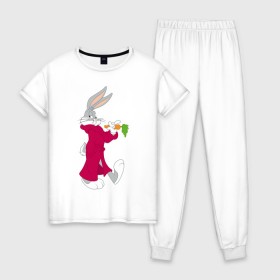 Женская пижама хлопок с принтом Багз Банни в Петрозаводске, 100% хлопок | брюки и футболка прямого кроя, без карманов, на брюках мягкая резинка на поясе и по низу штанин | bugs bunny | looney tunes | vdzabma | багз банни | луни тюнз