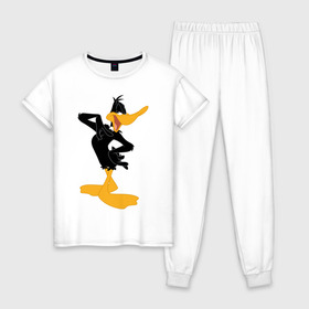 Женская пижама хлопок с принтом Даффи Дак в Петрозаводске, 100% хлопок | брюки и футболка прямого кроя, без карманов, на брюках мягкая резинка на поясе и по низу штанин | daffy duck | looney tunes | vdzabma | даффи дак | луни тюнз