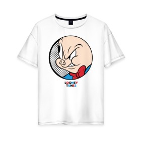 Женская футболка хлопок Oversize с принтом Porky Pig в Петрозаводске, 100% хлопок | свободный крой, круглый ворот, спущенный рукав, длина до линии бедер
 | looney tunes | porky pig | vdzabma | луни тюнз | порки пиг | поросенок порки