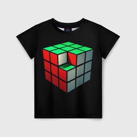 Детская футболка 3D с принтом Кубик Рубика в Петрозаводске, 100% гипоаллергенный полиэфир | прямой крой, круглый вырез горловины, длина до линии бедер, чуть спущенное плечо, ткань немного тянется | 3d | головоломка | игры | кубик | мозг | недостающий | рубика | элемент