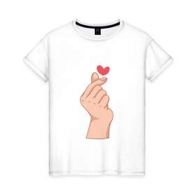 Женская футболка хлопок с принтом Корейское сердечко в Петрозаводске, 100% хлопок | прямой крой, круглый вырез горловины, длина до линии бедер, слегка спущенное плечо | жест | жесты | корейское сердечко | корейцы | люблю | люблю тебя | любовь | популярное | сердечко | сердце | симпатия | я люблю