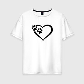 Женская футболка хлопок Oversize с принтом СЕРДЕЧКО в Петрозаводске, 100% хлопок | свободный крой, круглый ворот, спущенный рукав, длина до линии бедер
 | animals | cat | dog | footprints | heart | love | paws | prints | romance | valentines day | wolf | амур | валентинка | влюбленные | волк | день святого валентина | животные | кот | лапы | любовь | отпечатки | романтика | сердечко | сердце