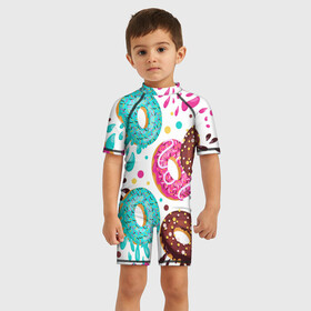 Детский купальный костюм 3D с принтом Любитель пончиков в Петрозаводске, Полиэстер 85%, Спандекс 15% | застежка на молнии на спине | art | doodling | textures | tiles | арт | дудлинг | еда | искусство | пончик | пончики | съестное | тайлы | текстуры | узор | фон