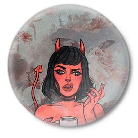 Значок с принтом КОФЕЕК в Петрозаводске,  металл | круглая форма, металлическая застежка в виде булавки | coffee | demon | girl | демон | дьявол | кофе | суккуба