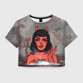 Женская футболка Crop-top 3D с принтом КОФЕЕК в Петрозаводске, 100% полиэстер | круглая горловина, длина футболки до линии талии, рукава с отворотами | coffee | demon | girl | демон | дьявол | кофе | суккуба