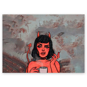 Поздравительная открытка с принтом КОФЕЕК в Петрозаводске, 100% бумага | плотность бумаги 280 г/м2, матовая, на обратной стороне линовка и место для марки
 | coffee | demon | girl | демон | дьявол | кофе | суккуба