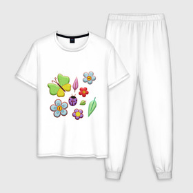 Мужская пижама хлопок с принтом Вышивка в Петрозаводске, 100% хлопок | брюки и футболка прямого кроя, без карманов, на брюках мягкая резинка на поясе и по низу штанин
 | бабочки | вышивка | зонтик | лист | насекомые | сшитые | цветы
