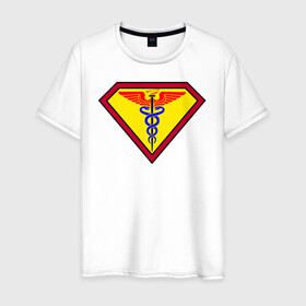 Мужская футболка хлопок с принтом Доктор - Супермен в Петрозаводске, 100% хлопок | прямой крой, круглый вырез горловины, длина до линии бедер, слегка спущенное плечо. | белые халаты | вирус | вирусолог | врач | змея | инфекционист | мед | медик | медицина символ | медсестра | подарок | символика | супер