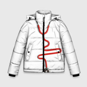 Зимняя куртка для мальчиков 3D с принтом Медицинский халат в Петрозаводске, ткань верха — 100% полиэстер; подклад — 100% полиэстер, утеплитель — 100% полиэстер | длина ниже бедра, удлиненная спинка, воротник стойка и отстегивающийся капюшон. Есть боковые карманы с листочкой на кнопках, утяжки по низу изделия и внутренний карман на молнии. 

Предусмотрены светоотражающий принт на спинке, радужный светоотражающий элемент на пуллере молнии и на резинке для утяжки | белые халаты | вирус | врач | детский врач | интерн | кардио | мед | медик | медсестра | подарок | сердце | символика | терапевт