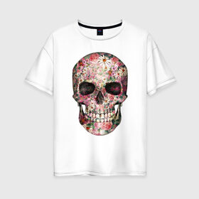 Женская футболка хлопок Oversize с принтом Череп цветы в Петрозаводске, 100% хлопок | свободный крой, круглый ворот, спущенный рукав, длина до линии бедер
 | зубы | кость | цветы | челюсть | череп