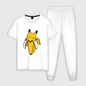 Мужская пижама хлопок с принтом Пикачу (Oko) в Петрозаводске, 100% хлопок | брюки и футболка прямого кроя, без карманов, на брюках мягкая резинка на поясе и по низу штанин
 | 2020 | go | oko | pikachu | pokemon | банан | бананамен | герой | го | детектив | другой | желтый | игра | игровой | игрок | майнкрафт | мир | мультик | мультфильм | новый | пикачу | планета | покемон | портал | телепорт