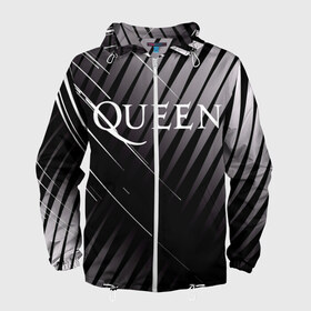 Мужская ветровка 3D с принтом Queen в Петрозаводске, 100% полиэстер | подол и капюшон оформлены резинкой с фиксаторами, два кармана без застежек по бокам, один потайной карман на груди | 3d | queen | британская | группа | исполнитель | лого | логотип | музыканты | надпись | рок | эмблема