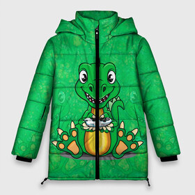 Женская зимняя куртка 3D с принтом Дракоша-геймер в Петрозаводске, верх — 100% полиэстер; подкладка — 100% полиэстер; утеплитель — 100% полиэстер | длина ниже бедра, силуэт Оверсайз. Есть воротник-стойка, отстегивающийся капюшон и ветрозащитная планка. 

Боковые карманы с листочкой на кнопках и внутренний карман на молнии | dino | dinosaur | gamer | rex | t rex | ti rex | дино | динозавр | динозаврик | дракон | дракончик | дракоша | приставка | рекс | тираннозавр | тиранозавр | тирранозавр