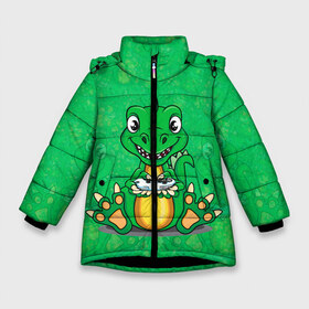 Зимняя куртка для девочек 3D с принтом Дракоша-геймер в Петрозаводске, ткань верха — 100% полиэстер; подклад — 100% полиэстер, утеплитель — 100% полиэстер. | длина ниже бедра, удлиненная спинка, воротник стойка и отстегивающийся капюшон. Есть боковые карманы с листочкой на кнопках, утяжки по низу изделия и внутренний карман на молнии. 

Предусмотрены светоотражающий принт на спинке, радужный светоотражающий элемент на пуллере молнии и на резинке для утяжки. | Тематика изображения на принте: dino | dinosaur | gamer | rex | t rex | ti rex | дино | динозавр | динозаврик | дракон | дракончик | дракоша | приставка | рекс | тираннозавр | тиранозавр | тирранозавр