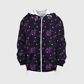 Детская куртка 3D с принтом фиолетовые розы на темном фоне в Петрозаводске, 100% полиэстер | застежка — молния, подол и капюшон оформлены резинкой с фиксаторами, по бокам — два кармана без застежек, один потайной карман на груди, плотность верхнего слоя — 90 г/м2; плотность флисового подклада — 260 г/м2 | ботаника | ежевичный | лиловый | патерн | пурпурный | розы | сиреневый | стильный | темный | тренды | узор | фиолетовый | цветочки | цветы | чернильный | черничный