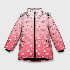 Зимняя куртка для девочек 3D с принтом пижамный цветочек в Петрозаводске, ткань верха — 100% полиэстер; подклад — 100% полиэстер, утеплитель — 100% полиэстер. | длина ниже бедра, удлиненная спинка, воротник стойка и отстегивающийся капюшон. Есть боковые карманы с листочкой на кнопках, утяжки по низу изделия и внутренний карман на молнии. 

Предусмотрены светоотражающий принт на спинке, радужный светоотражающий элемент на пуллере молнии и на резинке для утяжки. | Тематика изображения на принте: белый | гармония | горох | горошек | женский | женственный | запечатка | красный | маки | милый | пастельный | пижама | пижамный | покой | спокойный | точечки | узор | уютный | цветочек