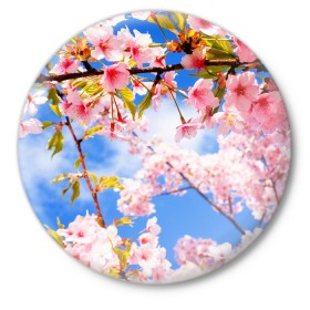 Значок с принтом Сакура в Петрозаводске,  металл | круглая форма, металлическая застежка в виде булавки | Тематика изображения на принте: весна | красота | небо | отдых | отпуск | природа | сакура | солнце | тепло | цветок | цветы