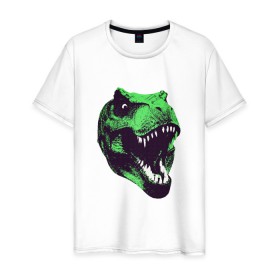 Мужская футболка хлопок с принтом Голова динозавра в Петрозаводске, 100% хлопок | прямой крой, круглый вырез горловины, длина до линии бедер, слегка спущенное плечо. | dino | голова динозавра | динозавр | животные | монстр