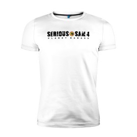Мужская футболка премиум с принтом Serious Sam 4 в Петрозаводске, 92% хлопок, 8% лайкра | приталенный силуэт, круглый вырез ворота, длина до линии бедра, короткий рукав | croteam | devolver | digital | games | planet | sam | serious | игры | крутой | планета | сэм