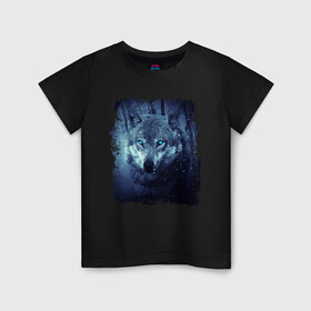 Детская футболка хлопок с принтом Волк в Петрозаводске, 100% хлопок | круглый вырез горловины, полуприлегающий силуэт, длина до линии бедер | Тематика изображения на принте: wolf | волк | волк в лесу | волк с голубыми глазами | лесной волк | ночной волк | синий волк | собака | темный волк