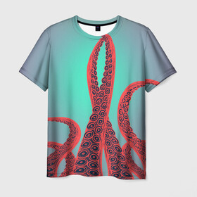 Мужская футболка 3D с принтом красные щупальца осминога в Петрозаводске, 100% полиэфир | прямой крой, круглый вырез горловины, длина до линии бедер | враг | градиент | захвачен | злобный | зловещий | красные | монстр | морской | опасный | осьминог | подводный | рисованный | синий | тентакли | фиолетовый | щупальца