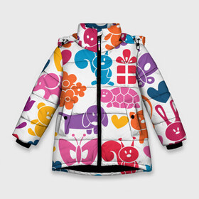 Зимняя куртка для девочек 3D с принтом Звери детская в Петрозаводске, ткань верха — 100% полиэстер; подклад — 100% полиэстер, утеплитель — 100% полиэстер. | длина ниже бедра, удлиненная спинка, воротник стойка и отстегивающийся капюшон. Есть боковые карманы с листочкой на кнопках, утяжки по низу изделия и внутренний карман на молнии. 

Предусмотрены светоотражающий принт на спинке, радужный светоотражающий элемент на пуллере молнии и на резинке для утяжки. | бабочки | детские | звери | сердечко | собака | цветы | черепаха | яркие