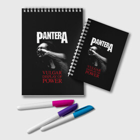 Блокнот с принтом PanterA VulgaR в Петрозаводске, 100% бумага | 48 листов, плотность листов — 60 г/м2, плотность картонной обложки — 250 г/м2. Листы скреплены удобной пружинной спиралью. Цвет линий — светло-серый
 | Тематика изображения на принте: covid 19 | pantera | vulgar display of power | альбом | группа | метал | металика | металл | пантера | рок | тяжелый | хэви