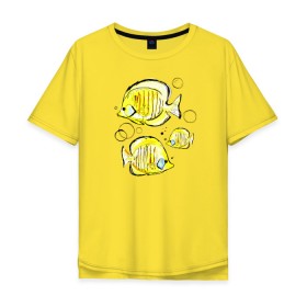 Мужская футболка хлопок Oversize с принтом Рыбы-бабочки в Петрозаводске, 100% хлопок | свободный крой, круглый ворот, “спинка” длиннее передней части | Тематика изображения на принте: аквариумные | бабочки | дизайн | желтый | модная | морская | обитатели | оригинальный | подводное | принт | рыба | рыбы | скетч | стильная | яркая
