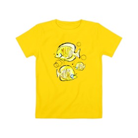 Детская футболка хлопок с принтом Рыбы-бабочки в Петрозаводске, 100% хлопок | круглый вырез горловины, полуприлегающий силуэт, длина до линии бедер | Тематика изображения на принте: аквариумные | бабочки | дизайн | желтый | модная | морская | обитатели | оригинальный | подводное | принт | рыба | рыбы | скетч | стильная | яркая