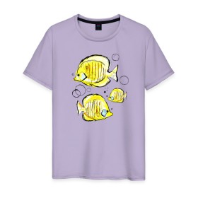 Мужская футболка хлопок с принтом Рыбы-бабочки в Петрозаводске, 100% хлопок | прямой крой, круглый вырез горловины, длина до линии бедер, слегка спущенное плечо. | Тематика изображения на принте: аквариумные | бабочки | дизайн | желтый | модная | морская | обитатели | оригинальный | подводное | принт | рыба | рыбы | скетч | стильная | яркая